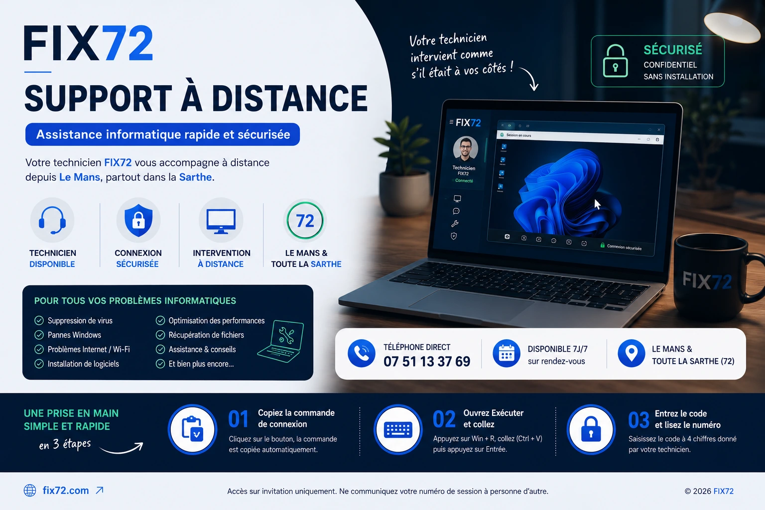 FIX72 Support à distance — 3 étapes pour démarrer la session
